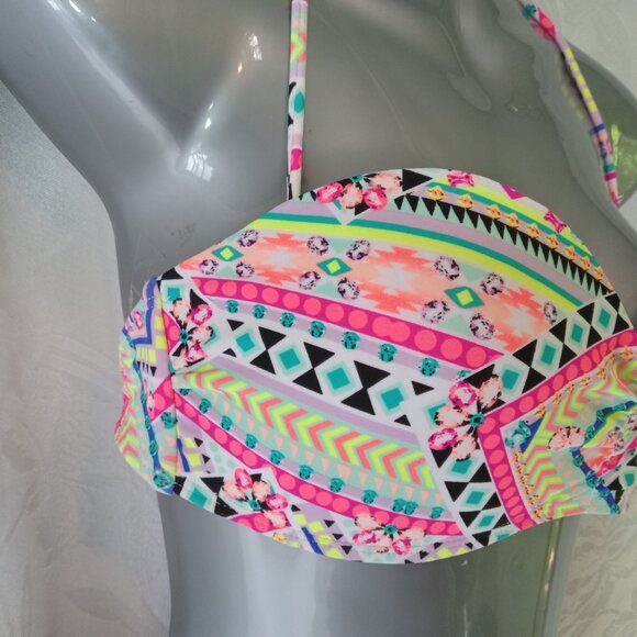 Op Swim Size 7-9 Medium Bikini Top Bandeau Striped String Halter Beach Neon - Picture 8 of 16